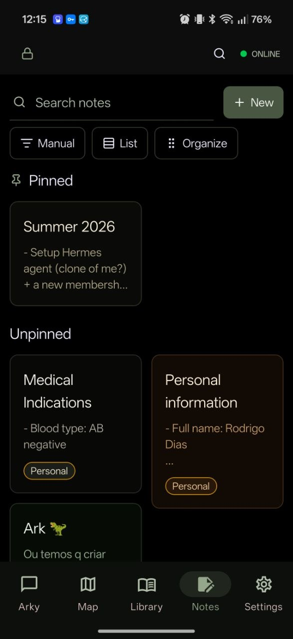 Ark Notes screen